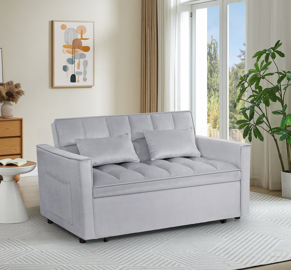 English Elm 54inch Flannel Sleeper Sofa with Double Armrests and Pouch, Adjustable Backrest Converts to Bed Silver grey W1410P251903