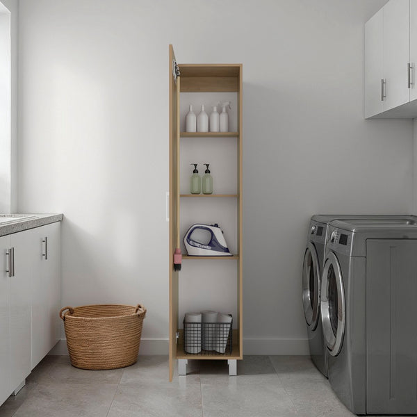English Elm Vernon Narrow Freestanding Storage Cabinet with Interior Shelving and Broom Hooks Natural B097P474304