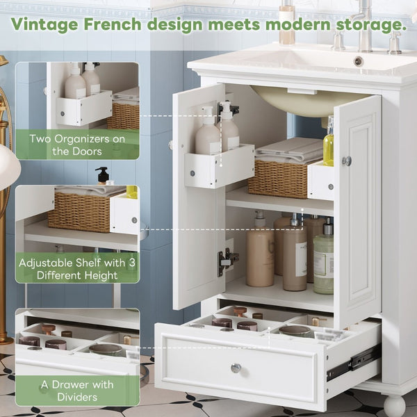 English Elm 24'' French Style Bathroom Vanity with Ceramic Sink Soft Close Cabinet and Drawer White N710P411227K
