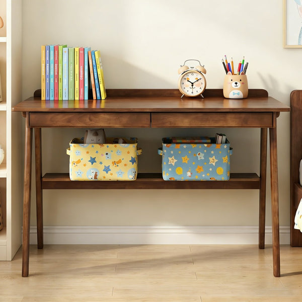 English Elm Solid Wood Writing Desk Mid Century Walnut Finish Two Drawers Shelf and Side Hooks W3204P465630