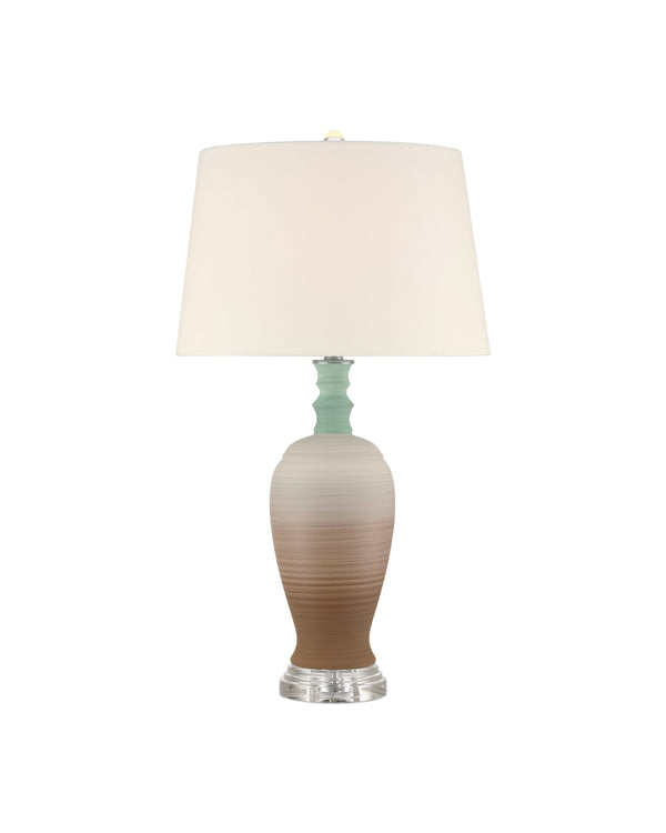 Currey & Company Happy 80's Retro Table Lamp With Earthy Brown & Pale Blue Striations, Unique Design & Crystal Finial Brown Porcelain ,Optic Crystal 6000-1024-currey-company