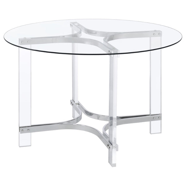 English Elm Uptown Round Glass Top Acrylic 5 Piece Dining Set with Chrome Sled Chair Bases B062S01784