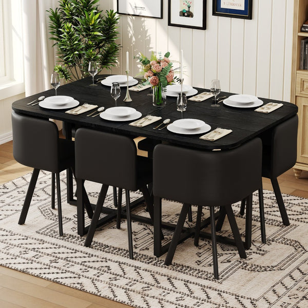 English Elm 7-piece Industrial Dining Set with Wood Grain Table and Oil-waxed Leather Seating W3875S00093