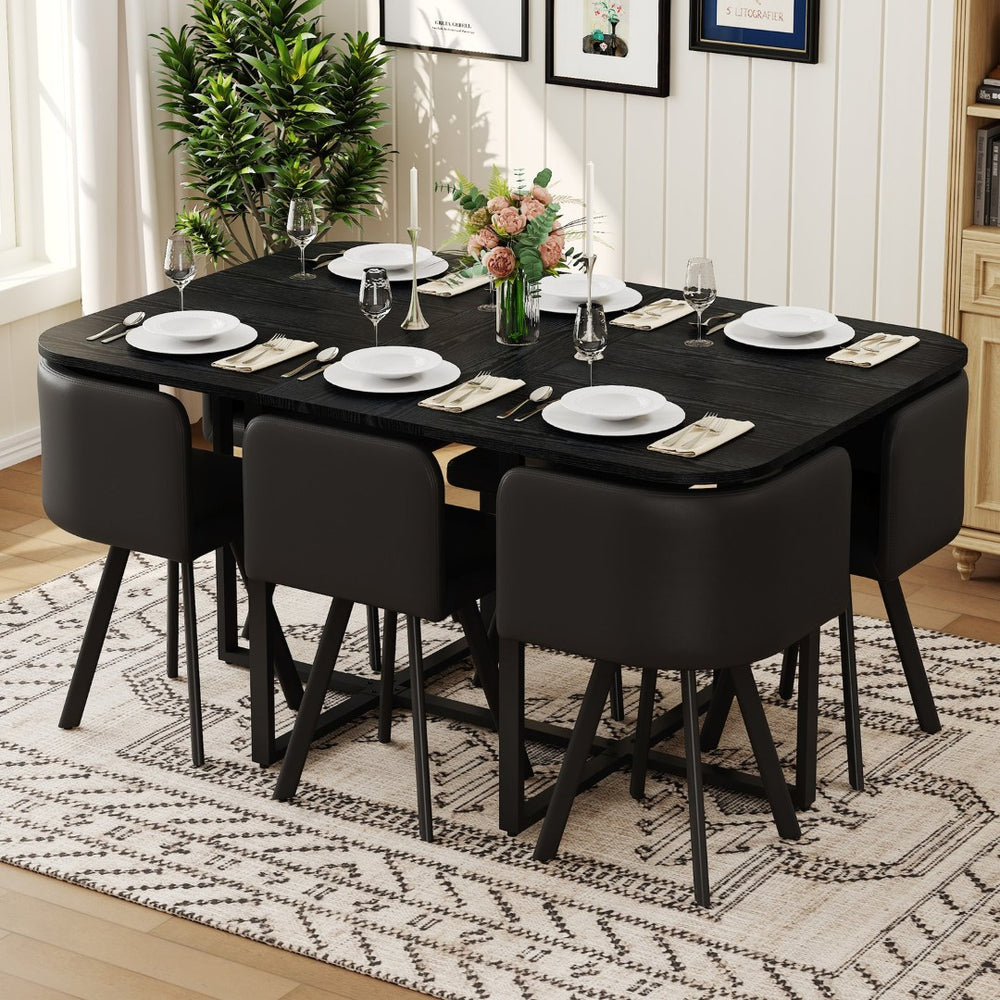 English Elm 7-piece Matte Black Dining Set with Wood Grain Table and Pu Leather Chairs for Six W3875S00092