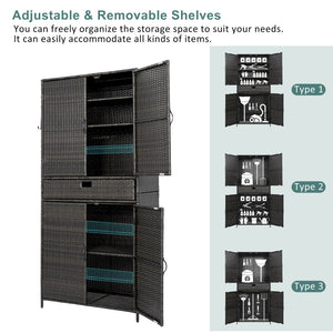 English Elm K&k Tall Arched Pe Rattan Outdoor Storage Cabinet with Adjustable Shelves and Steel Frame Brown+Black N707P420102D