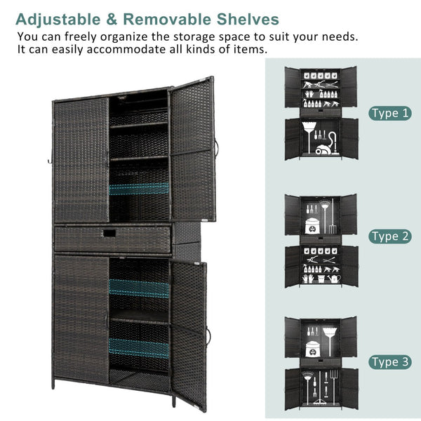 English Elm K&k Tall Arched Pe Rattan Outdoor Storage Cabinet with Adjustable Shelves and Steel Frame Brown+Black N707P420102D