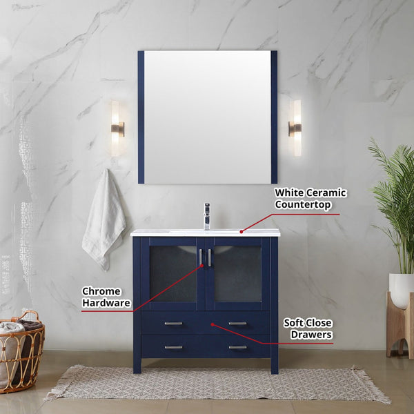 English Elm Navy Blue Bath Vanity Set With White Ceramic Top, Chrome Faucet & Matching 34" Mirror For Style Upgrade B2731S01290