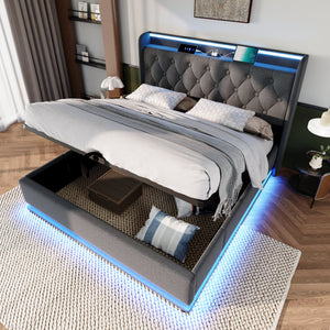 English Elm King Upholstered Bed with Surround LED, App/Remote Control, Hydraulic Storage, USB Type-C Charging Gray N736P188808G