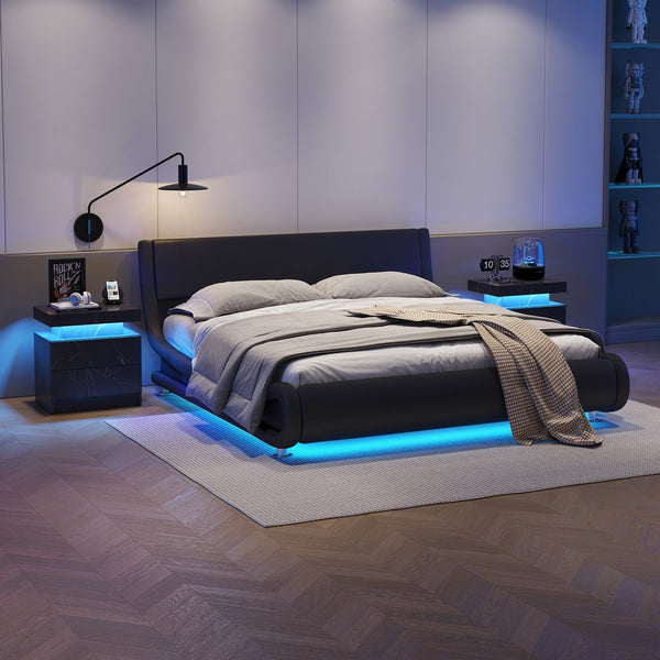 English Elm Nightstand Modern Led Bedside Table With 2 Drawers - Stylish Black Gold Accent For Any Room W2371P173477