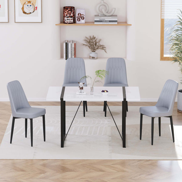 English Elm 55 Modern 4-Person MDF Dining Table Set with Sturdy Black Metal Legs and Padded PU Chairs for Families Grey+White W2189S00733