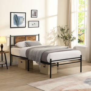 English Elm Twin Metal Bedframe with Wood-Accented Headboard, Black/Brown, Sturdy Steel, 10.8" Storage Space W2297P281490