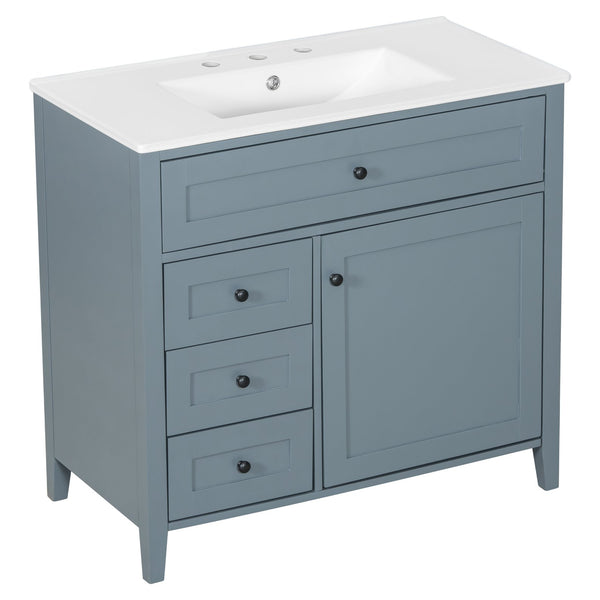 English Elm 36-Inch Blue Gray Modern Bathroom Vanity With Durable Rubberwood Cabinet, Sink & 3 Drawers For Storage N725P350821E