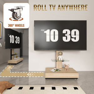 English Elm Tv Rolling Cart with Swivel Mount Lockable Wheels Pull Out Drawer Iron Frame Natural W241P246882