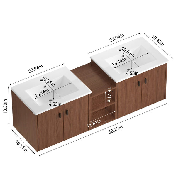 English Elm 60in Reddish Brown Mdf Bathroom Vanity with Soft Close Doors and Versatile Storage W3133S00022