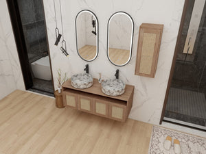 English Elm 48" Floating Bathroom Vanity Dual Ceramic Vessel Sinks Oak Finish Soft Close Doors W999S00500