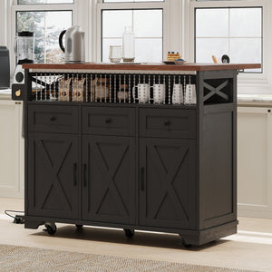 English Elm K&K 46.5'' Farmhouse Kitchen Island Cart with Beaded Drapes, Drop Leaf, Power Hub, Ample Storage Black N707P254872B