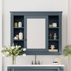 English Elm 35'' Modern Medicine Cabinet with Mirror and Towel Rod, MDF Wall-Mounted Bathroom Storage with Adjustable Shelves and Soft-Close Hinges Blue WF305081AAC