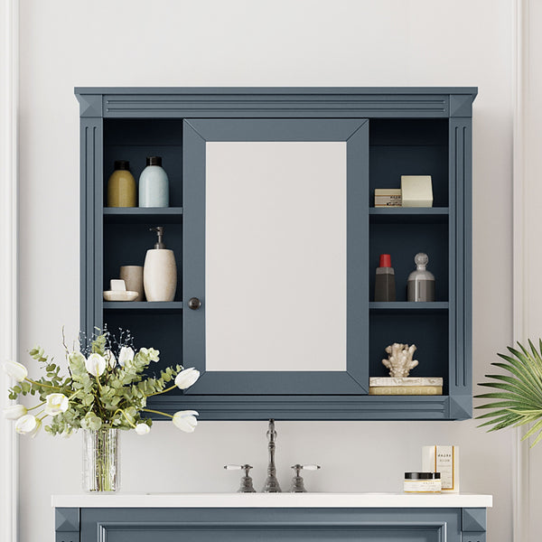 English Elm 35'' Modern Medicine Cabinet with Mirror and Towel Rod, MDF Wall-Mounted Bathroom Storage with Adjustable Shelves and Soft-Close Hinges Blue WF305081AAC