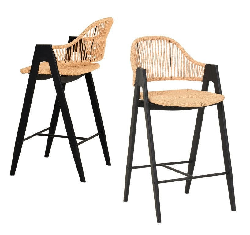 VIG Furniture Gayle Modern Rattan Counter Stool Set Of 2 — Handwoven Natural Rattan, Black Iron Frame, 26" Seat Height VGFH-0139710-RB-BS