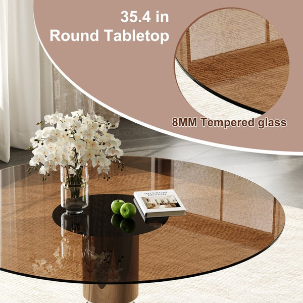 English Elm 35-inch Round Tempered Glass Dining Table with Steel Base for Small Apartments W509S00163