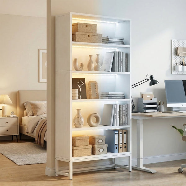 English Elm Tall Five Tier Bookcase with Led Shelf Lighting White Mdf Frame Living Room Display W3204P454083