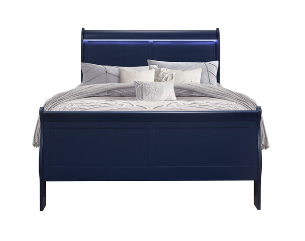 English Elm CHARLSTON Solid Wood Full Sleigh Bed with LED Headboard, Transitional Panel Design, Durable Finish Blue 78.13 L x 7.88 W x 4.88 H B201S00003