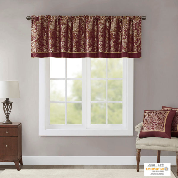 JLA Home Madison Park - Jacquard Paisley-Textured Window Valance with Faux Silk Trim, Metallic Highlights & OEKO-TEX Safety Burgundy MP41-2714