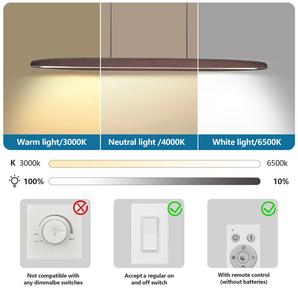 English Elm 39-Inch Streamline Wooden Led Pendant Light – Remote-Controlled, Adjustable Dimming For Modern Spaces W2312P375015