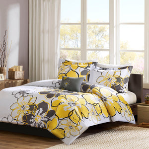 JLA Home Mi Zone - Floral Oversized Yellow & Grey Duvet Cover Set with Antimicrobial Microfiber, Reversible Style 90 L x 88 W x 0.13H MZ12-372