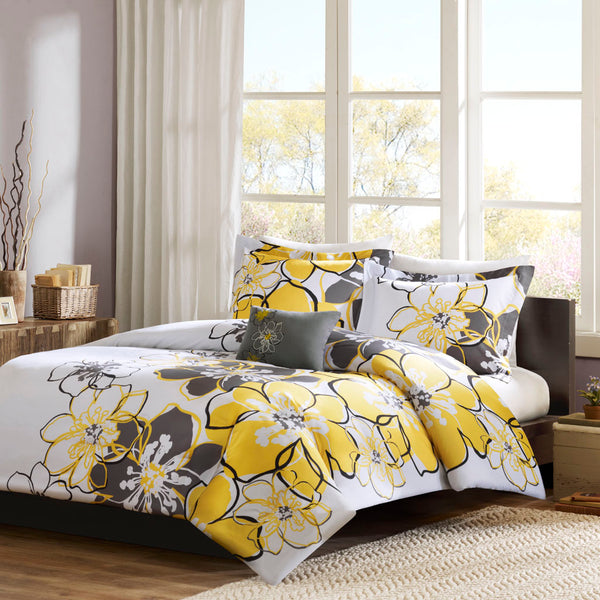 JLA Home Mi Zone - Floral Oversized Yellow & Grey Duvet Cover Set with Antimicrobial Microfiber, Reversible Style 90 L x 88 W x 0.13H MZ12-372