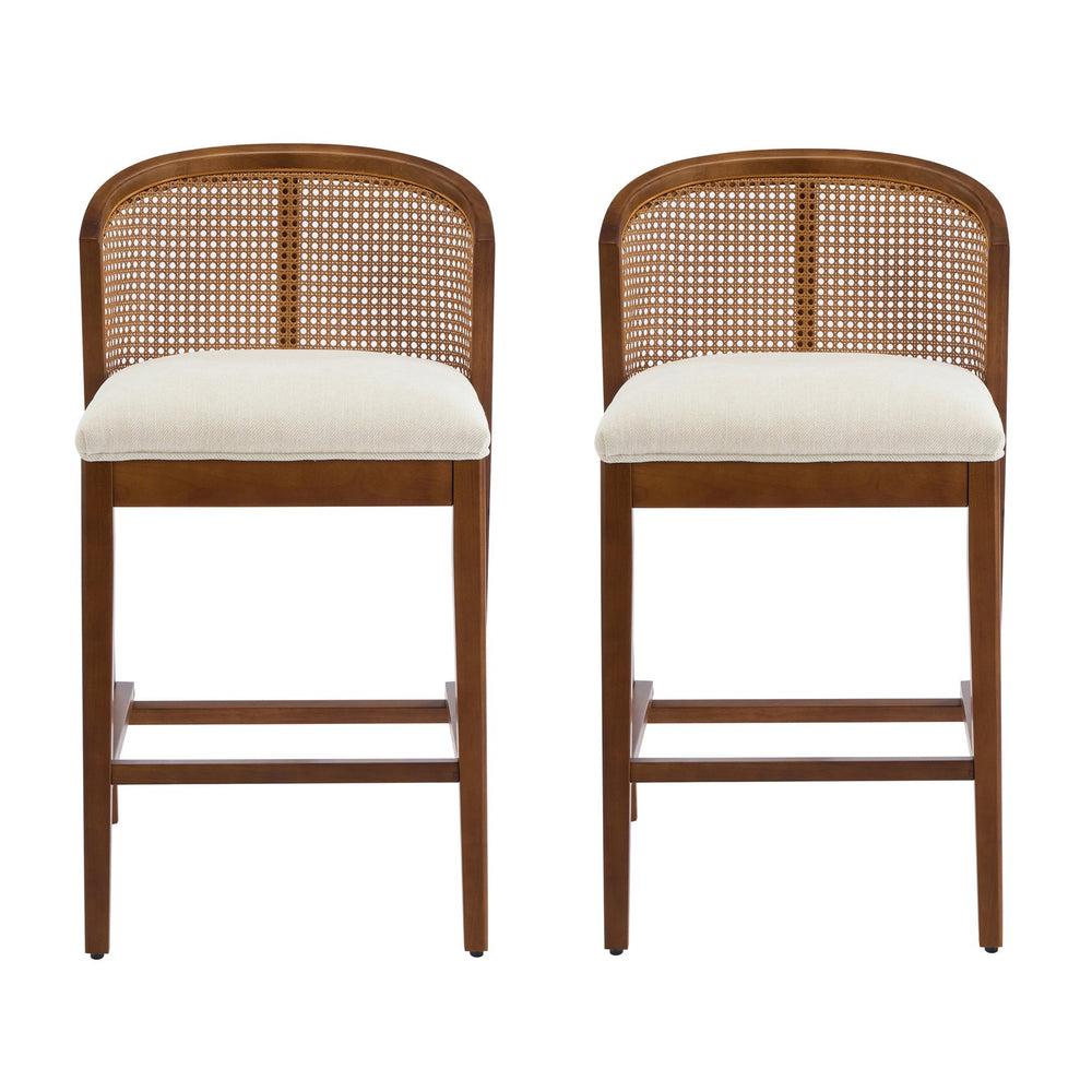 English Elm Christopher Knight Home® - Tatti Plush Padded Counter Stool Set of 2 with Rattan-Accented Curved Back and Wood Frame, Cozy Beige,Walnut N775P271407W