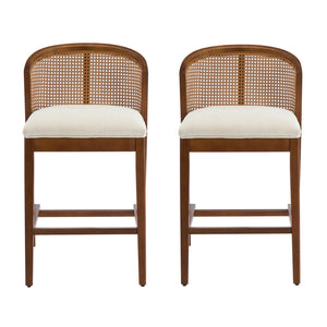 English Elm Christopher Knight Home® - Tatti Plush Padded Counter Stool Set of 2 with Rattan-Accented Curved Back and Wood Frame, Cozy Beige,Walnut N775P271407W