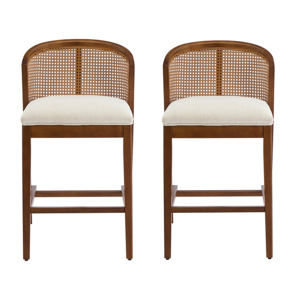 English Elm Christopher Knight Home® - Tatti Plush Padded Counter Stool Set of 2 with Rattan-Accented Curved Back and Wood Frame, Cozy Beige,Walnut N775P271407W