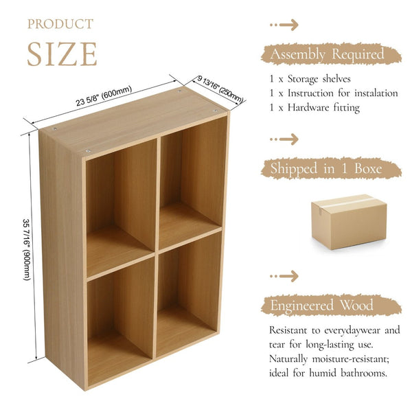English Elm 24 Inch Wall Mounted Oak Shelving Unit Two Open Compartments for Bathroom or Study W1972P457946
