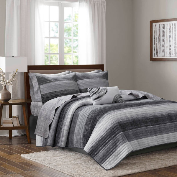 English Elm 8-piece Queen Quilt Set Watercolor Stripe Cotton Blend Bedding with Shams and Sheets Black Multi B035P408261