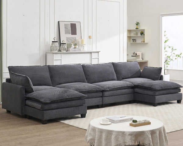 English Elm Oversized Modular Velvet U-Shaped Sofa - Luxurious 4-Seat Couch With 2 Ottomans & Pillows W2705S00024-GIGA