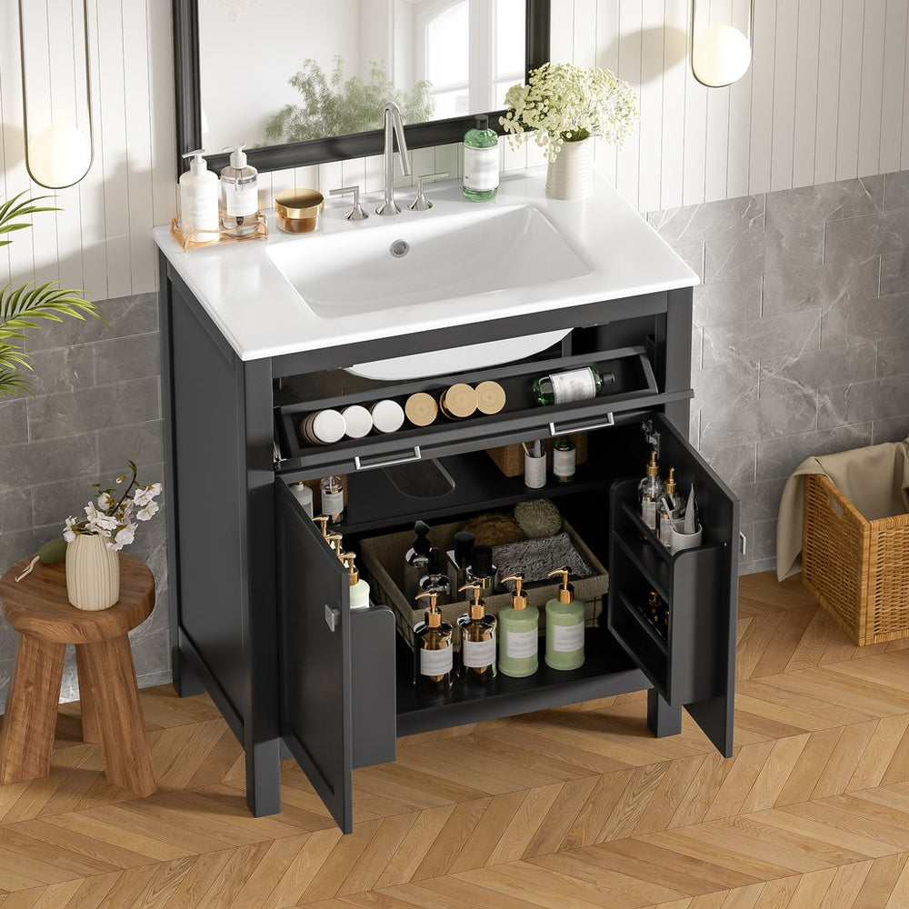 English Elm 30" Modern Bathroom Vanity with Ceramic Sink and Soft-Close Doors, Solid Wood MDF Build, Sleek Handles Black N729P263155B