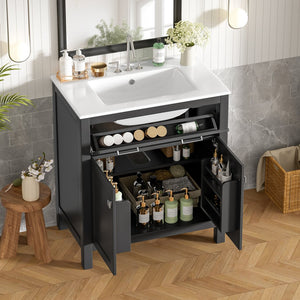 English Elm 30" Modern Bathroom Vanity with Ceramic Sink and Soft-Close Doors, Solid Wood MDF Build, Sleek Handles Black N729P263155B