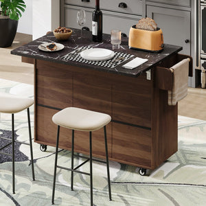 English Elm K&K Kitchen Island with Tilt-Out Trash Can, Drop Leaf Counter, Adjustable Shelf, Rolling Cart Walnut Brown WF326381AAZ
