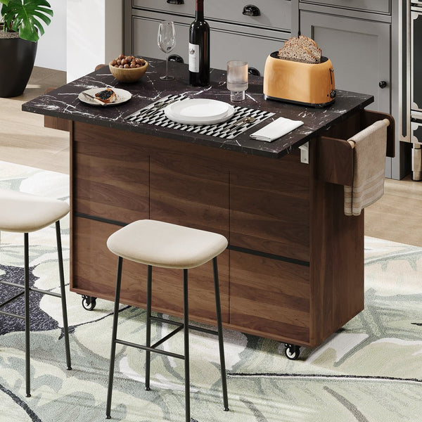 English Elm K&K Kitchen Island with Tilt-Out Trash Can, Drop Leaf Counter, Adjustable Shelf, Rolling Cart Walnut Brown WF326381AAZ