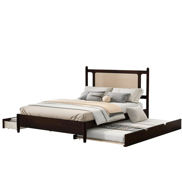 English Elm Queen Size Wooden Rattan Platform Bed With Spacious Storage Drawers & Twin Trundle In Espresso Finish N820S00002P-GIGA