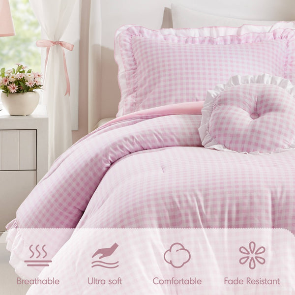 English Elm 3-piece Cottage Gingham Comforter Set with Ruffle Trim and Round Throw Pillow Pink B035P463187
