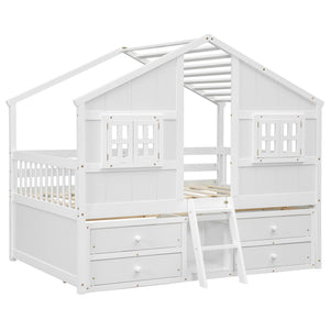English Elm Full Size House Loft Bed With Roof & Windows, 4 Storage Drawers, Pine Wood, Safe Guardrails & Ladder W504S00242