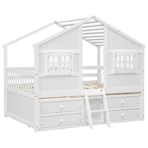 English Elm Full Size House Loft Bed With Roof & Windows, 4 Storage Drawers, Pine Wood, Safe Guardrails & Ladder W504S00242