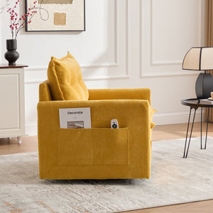 English Elm UNITED Swivel Barrel Chair with Chenille Upholstery, 360° Smooth Rotation, Padded Arm Comfort and Side Pockets for Living Room Relaxation Mustard yellow W1568P290085