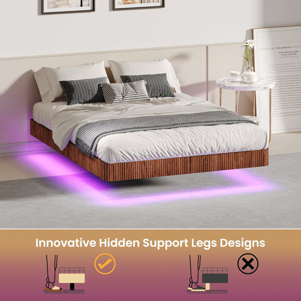 English Elm Walnut Queen Floating Bed Frame with LED Lighting, Wave-Texture MDF & Heavy-Duty Iron Slats — No Box Spring Needed, 1000LB Capacity W1820P333574
