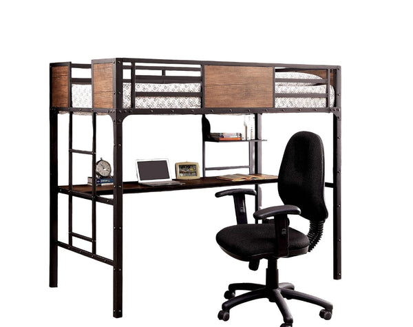English Elm Metal Industrial Bunk Bed Twin Over Workstation with Wood Panels, Nailhead Trim, Built-In Ladder, Black Finish B2741P353089