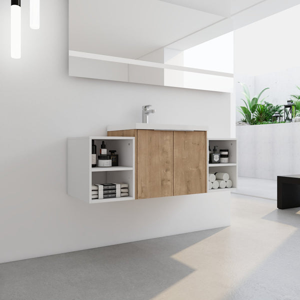 English Elm 48 Inch Wall Mounted Bathroom Vanity with Resin Sink, Soft-Close Doors, Metal Handles, Storage—Durable Eco Plywood Imitative Oak W999S00184