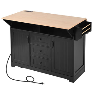 English Elm K&k Rolling Kitchen Island with Drop Leaves Power Outlet Drawers and Spice Rack Black N707S186617B