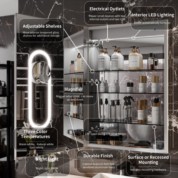 English Elm Smart Led Medicine Cabinet with Anti-fog Mirror Gfci Outlet Dimming Bathroom Storage W637P382875